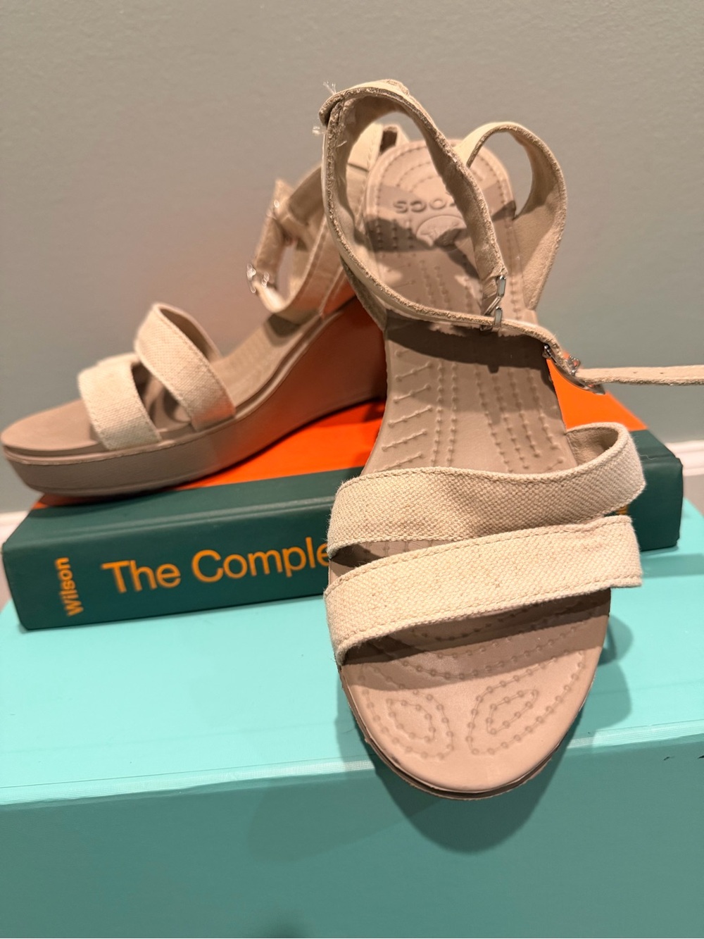 CROCS Women's Natural Canvas Wedge Sandals - Neutral Beige